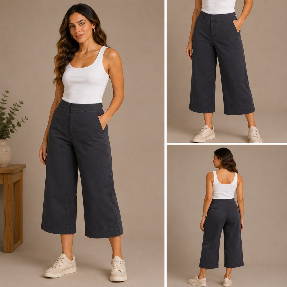 Gloria Vanderbilt Wide Leg Crop Pants Women 10 Navy NEW Tummy Panel Pull On